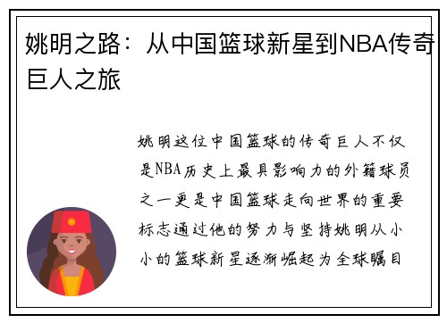 姚明之路：从中国篮球新星到NBA传奇巨人之旅